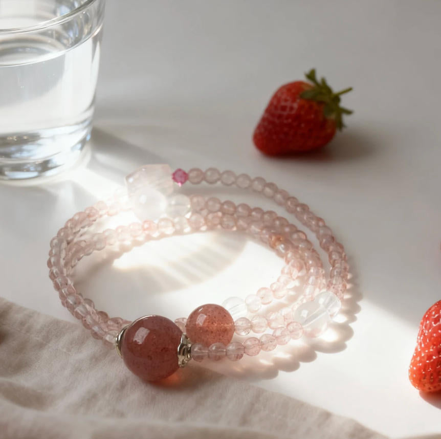 Original Strawberry Quartz Triple-Wrap Bracelet Series — Blush Prelude