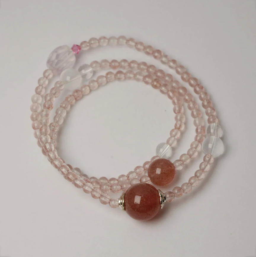 Original Strawberry Quartz Triple-Wrap Bracelet Series — Blush Prelude