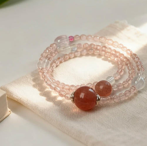 Original Strawberry Quartz Triple-Wrap Bracelet Series — Blush Prelude