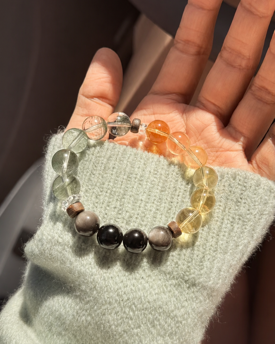 Crystal Bracelet for Steady Career Growth & Lasting Prosperity Green Phantom Quartz × Citrine × Silver Sheen Obsidian