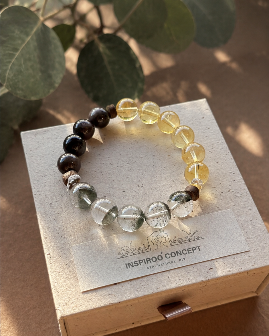 Crystal Bracelet for Steady Career Growth & Lasting Prosperity Green Phantom Quartz × Citrine × Silver Sheen Obsidian