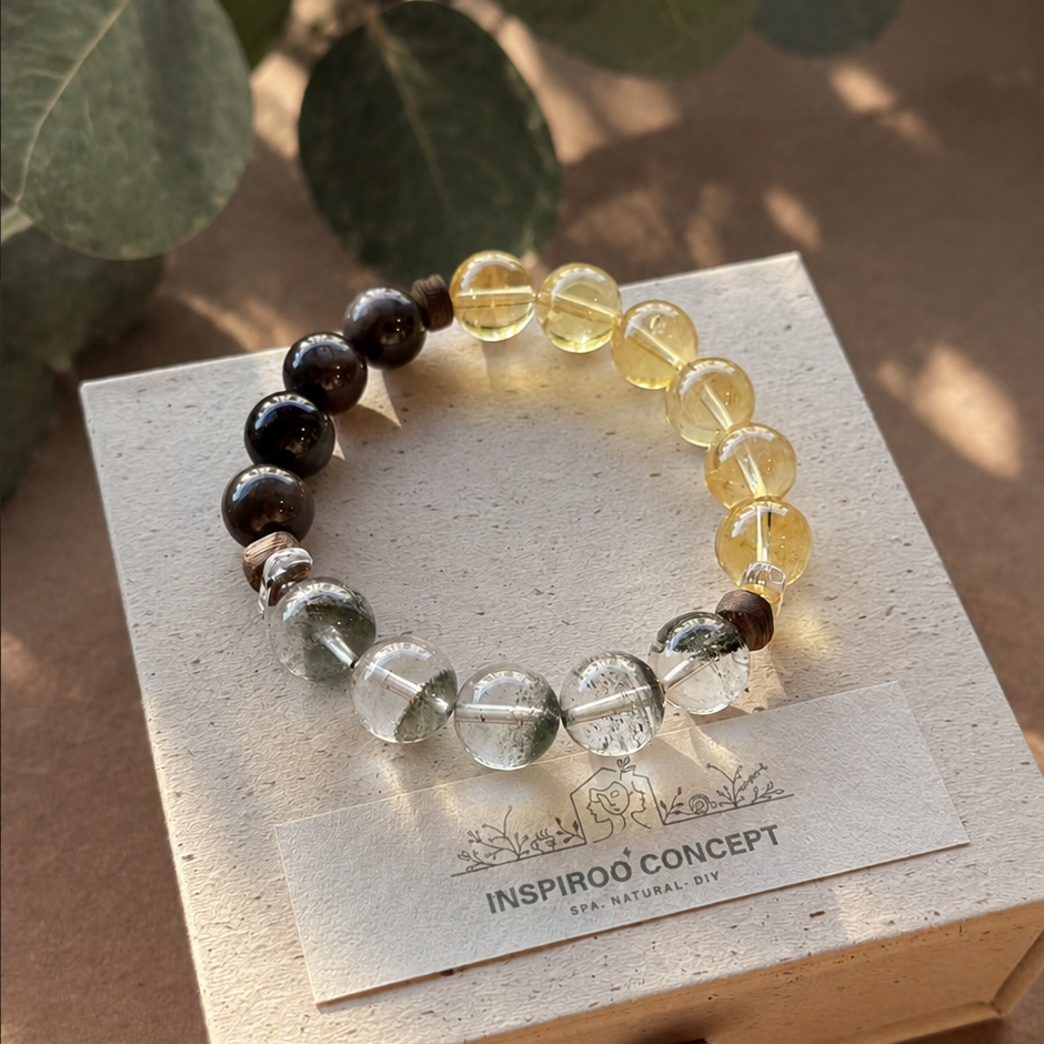 Crystal Bracelet for Steady Career Growth & Lasting Prosperity Green Phantom Quartz × Citrine × Silver Sheen Obsidian