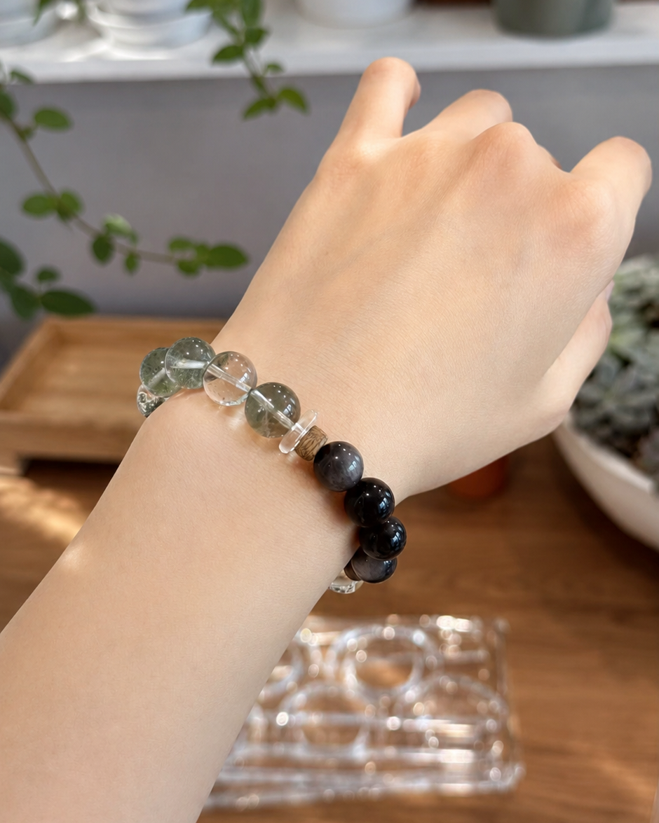 Crystal Bracelet for Steady Career Growth & Lasting Prosperity Green Phantom Quartz × Citrine × Silver Sheen Obsidian