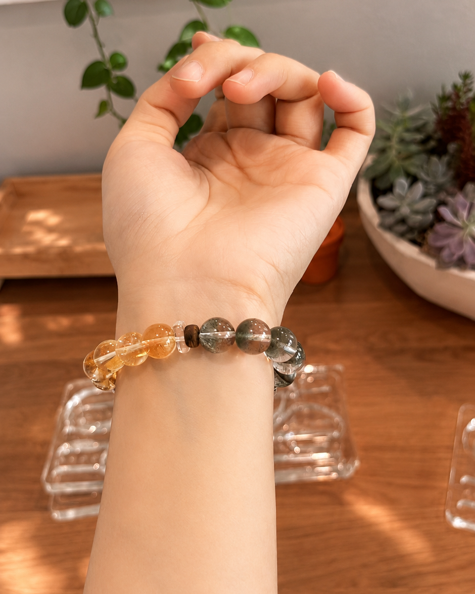 Crystal Bracelet for Steady Career Growth & Lasting Prosperity Green Phantom Quartz × Citrine × Silver Sheen Obsidian