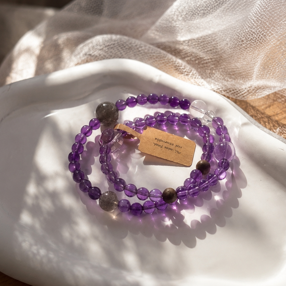 Natural Brazilian Amethyst, Blue Flash Grey Moonstone & Clear Quartz Double-Wrap Bracelet | One of a Kind