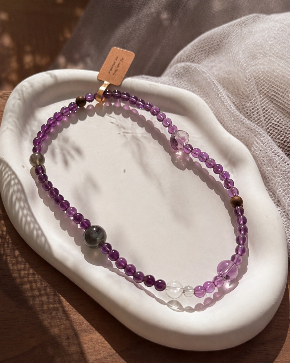 Natural Brazilian Amethyst, Blue Flash Grey Moonstone & Clear Quartz Double-Wrap Bracelet | One of a Kind