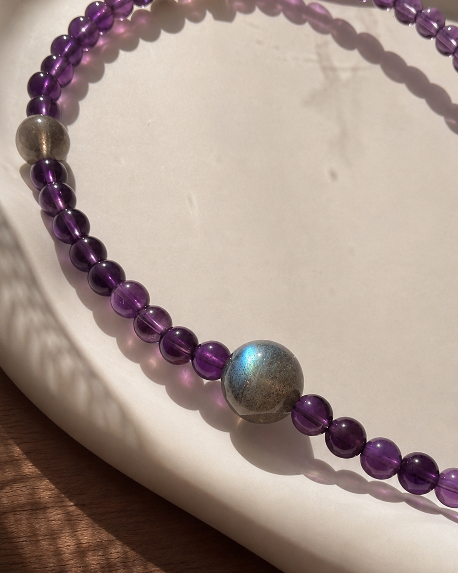 Natural Brazilian Amethyst, Blue Flash Grey Moonstone & Clear Quartz Double-Wrap Bracelet | One of a Kind