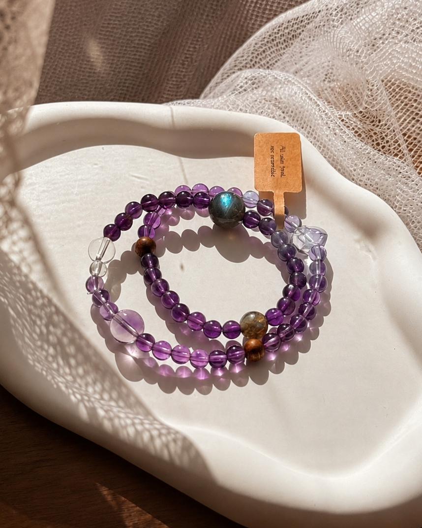 Natural Brazilian Amethyst, Blue Flash Grey Moonstone & Clear Quartz Double-Wrap Bracelet | One of a Kind