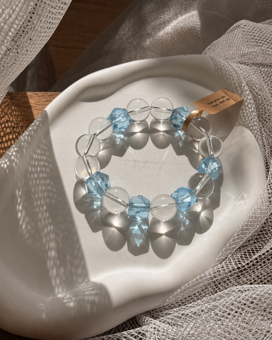 Natural AA Clear Quartz & Premium Blue Topaz Bracelet | Luxury Handmade Crystal Bracelet | One of a Kind Gift for Mom, Wife & Best Friend