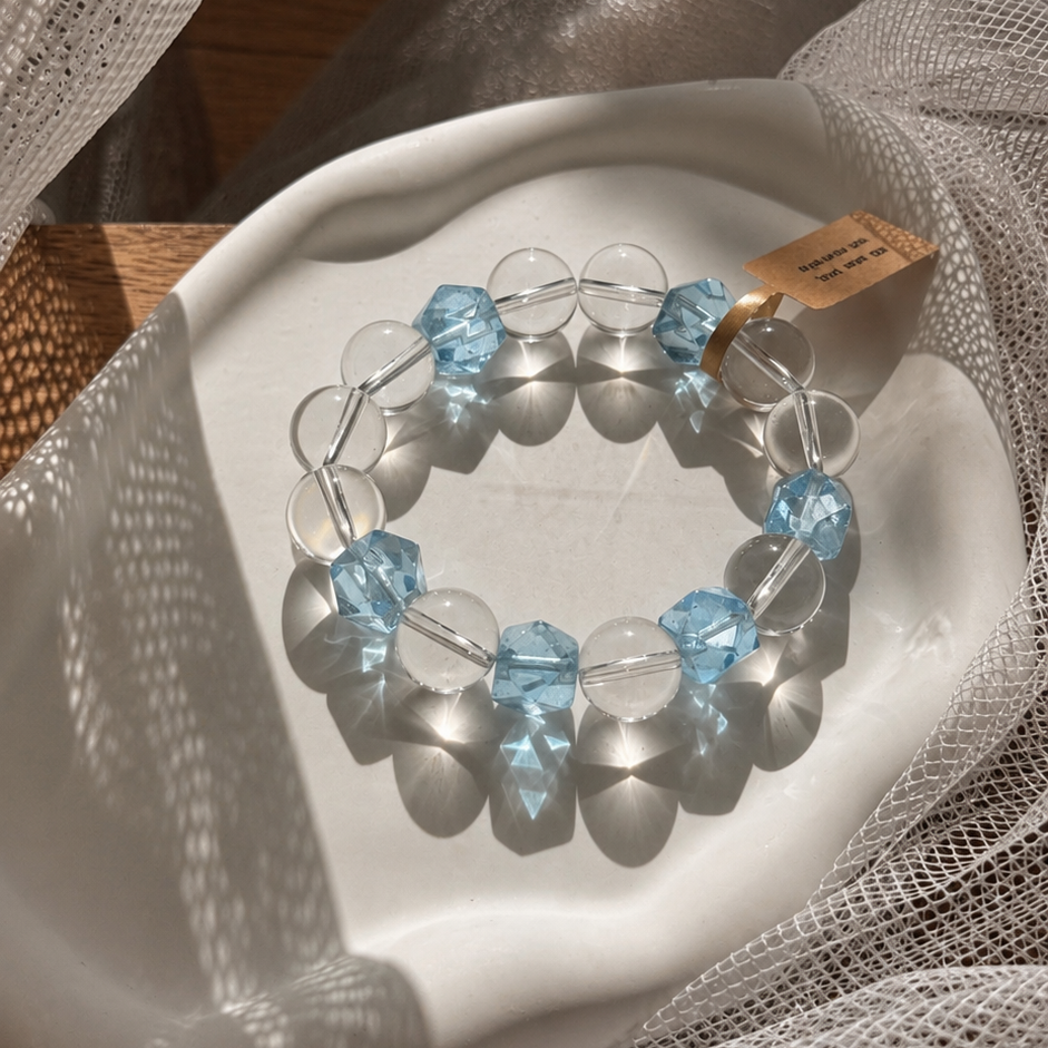 Natural AA Clear Quartz & Premium Blue Topaz Bracelet | Luxury Handmade Crystal Bracelet | One of a Kind Gift for Mom, Wife & Best Friend