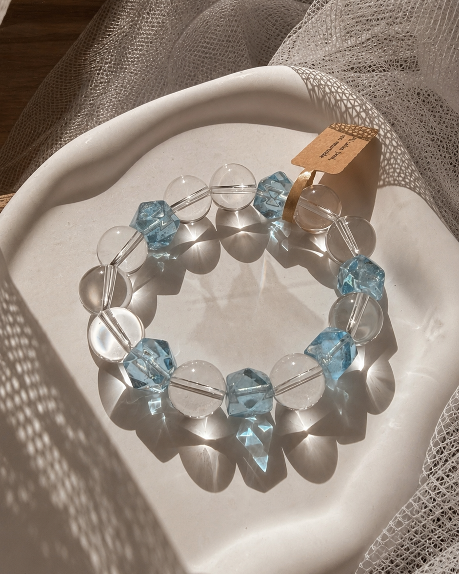 Natural AA Clear Quartz & Premium Blue Topaz Bracelet | Luxury Handmade Crystal Bracelet | One of a Kind Gift for Mom, Wife & Best Friend