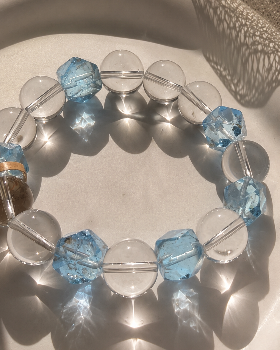 Natural AA Clear Quartz & Premium Blue Topaz Bracelet | Luxury Handmade Crystal Bracelet | One of a Kind Gift for Mom, Wife & Best Friend