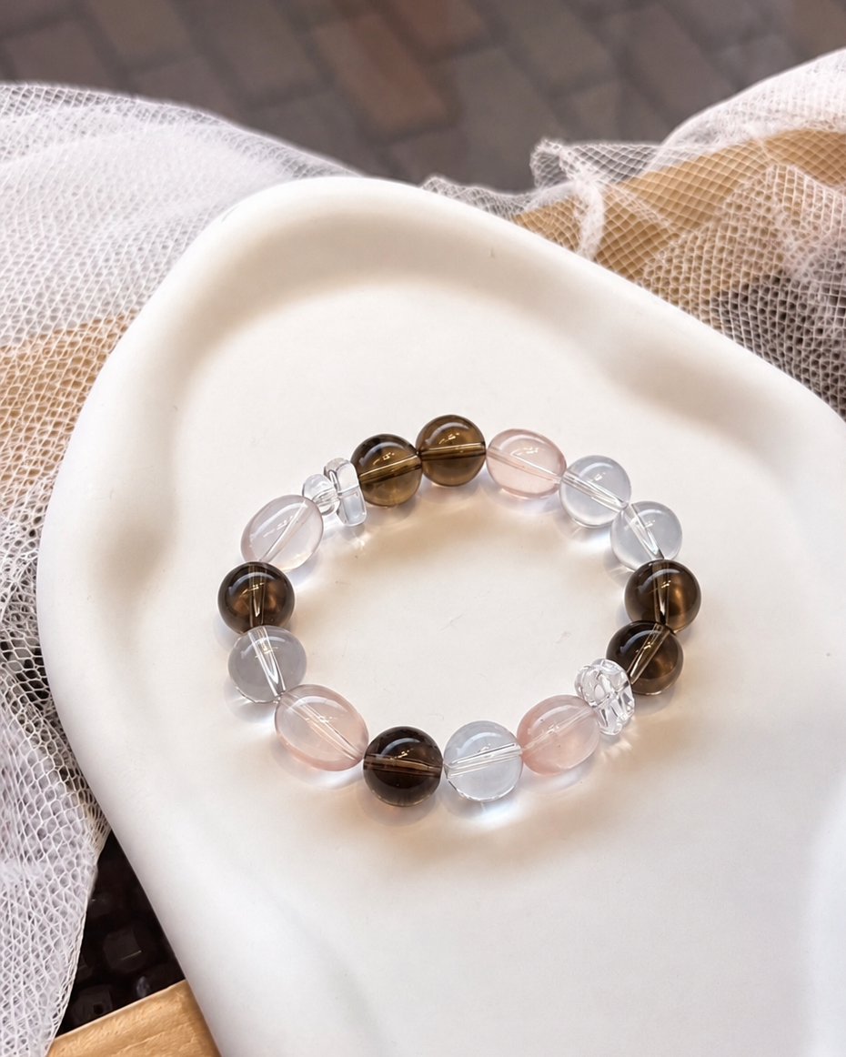 Natural Smoky Quartz, AA Clear Quartz & Rose Quartz Crystal Bracelet