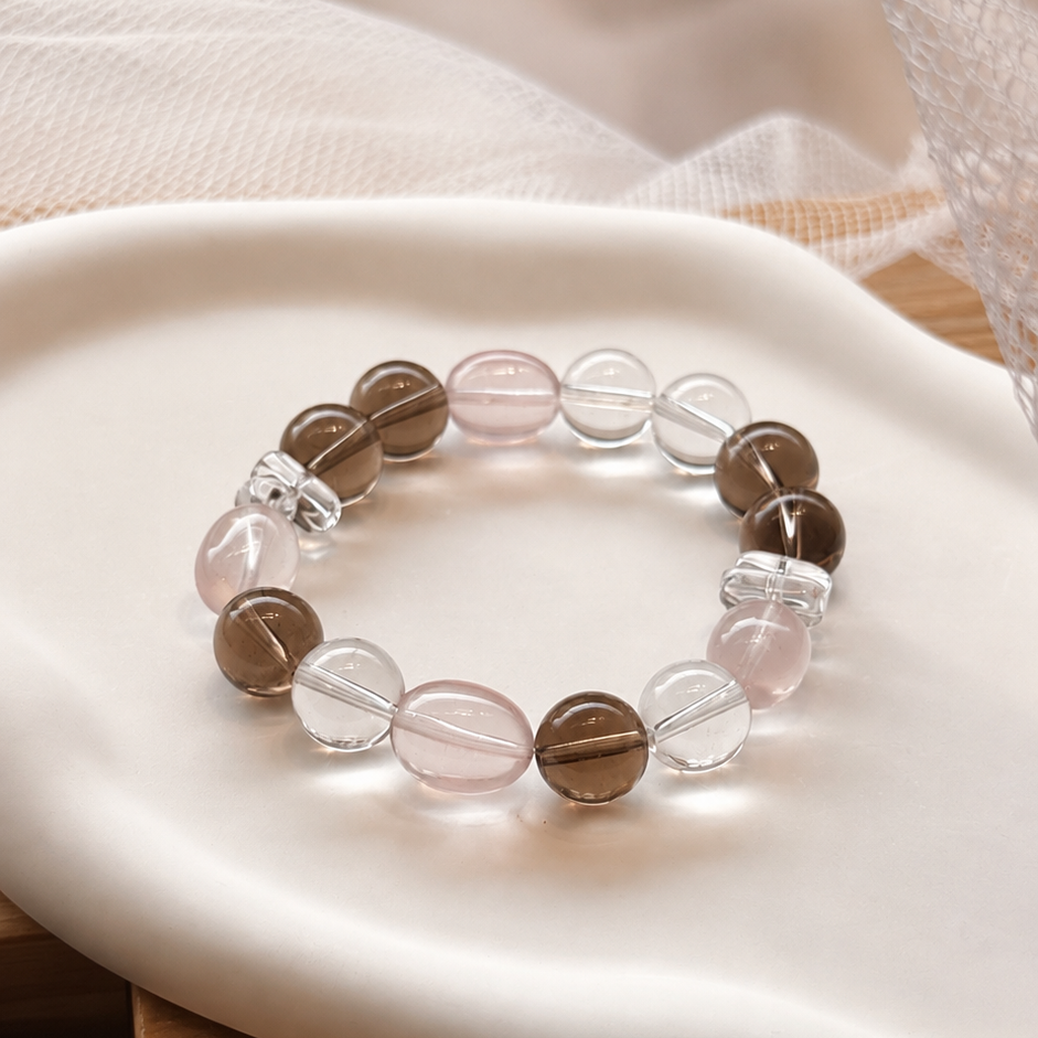Natural Smoky Quartz, AA Clear Quartz & Rose Quartz Crystal Bracelet