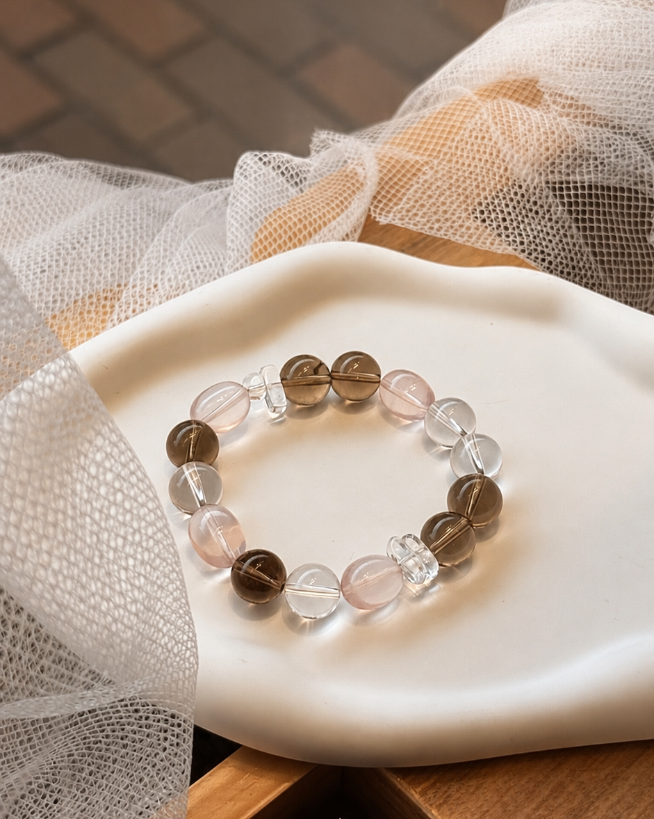Natural Smoky Quartz, AA Clear Quartz & Rose Quartz Crystal Bracelet