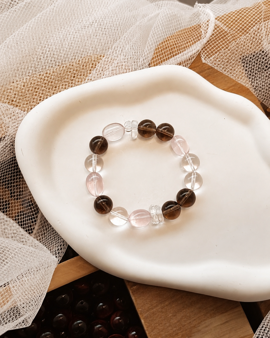 Natural Smoky Quartz, AA Clear Quartz & Rose Quartz Crystal Bracelet