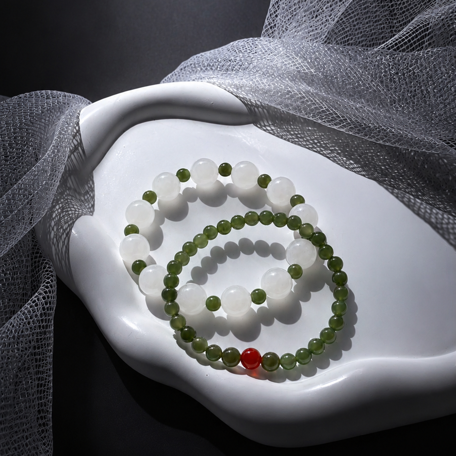 Harmony Duo | White & Green Hetian Jade Double-Wrap Bracelet