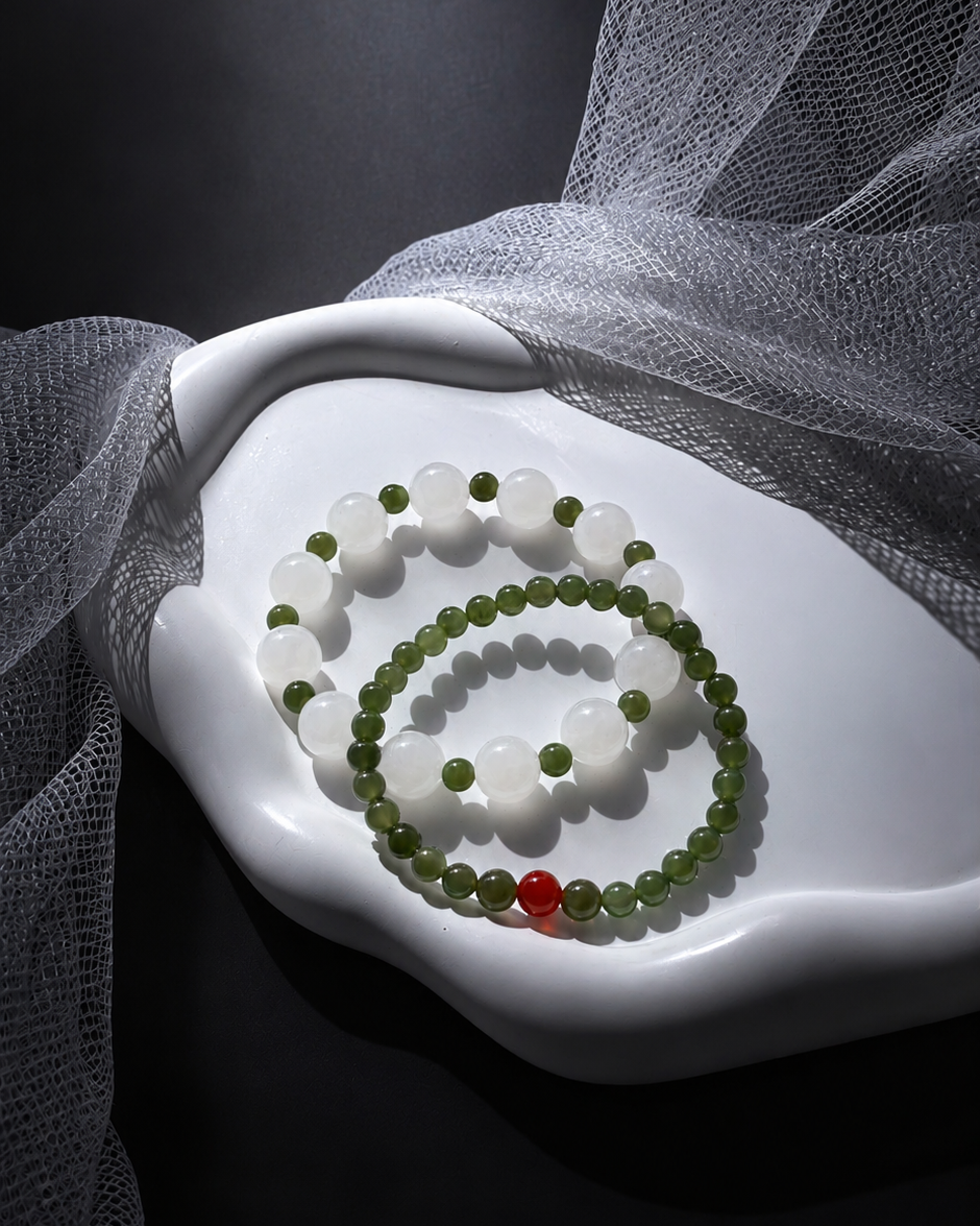 Harmony Duo | White & Green Hetian Jade Double-Wrap Bracelet