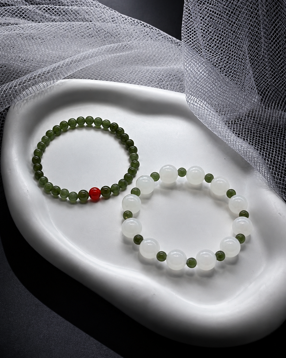 Harmony Duo | White & Green Hetian Jade Double-Wrap Bracelet