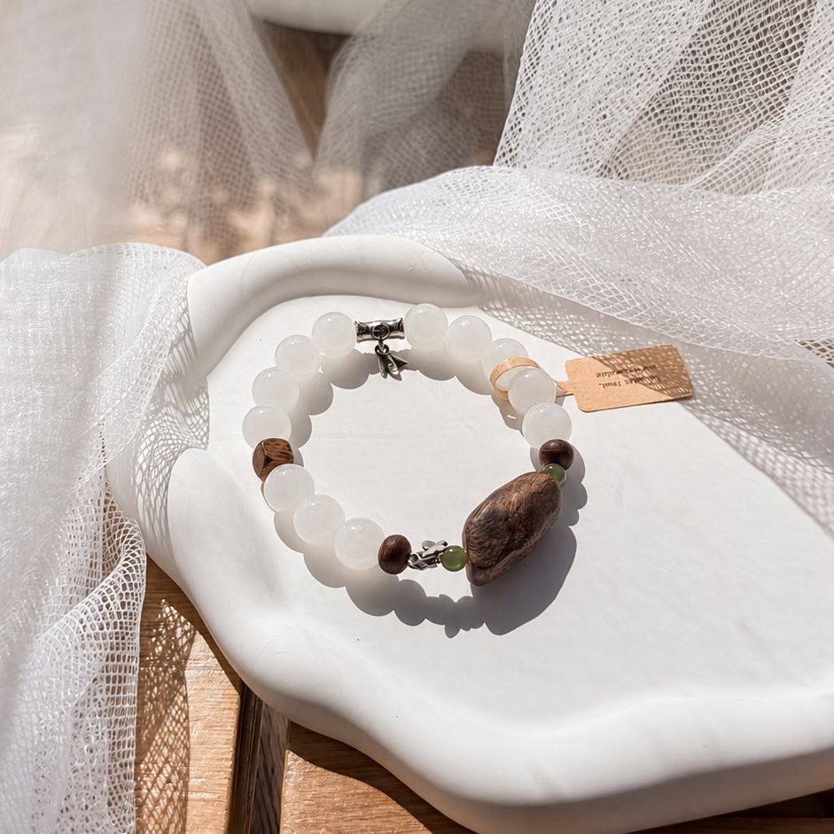 Hetian White Jade & Agarwood Bracelet | Handmade Natural Gemstone Jewelry