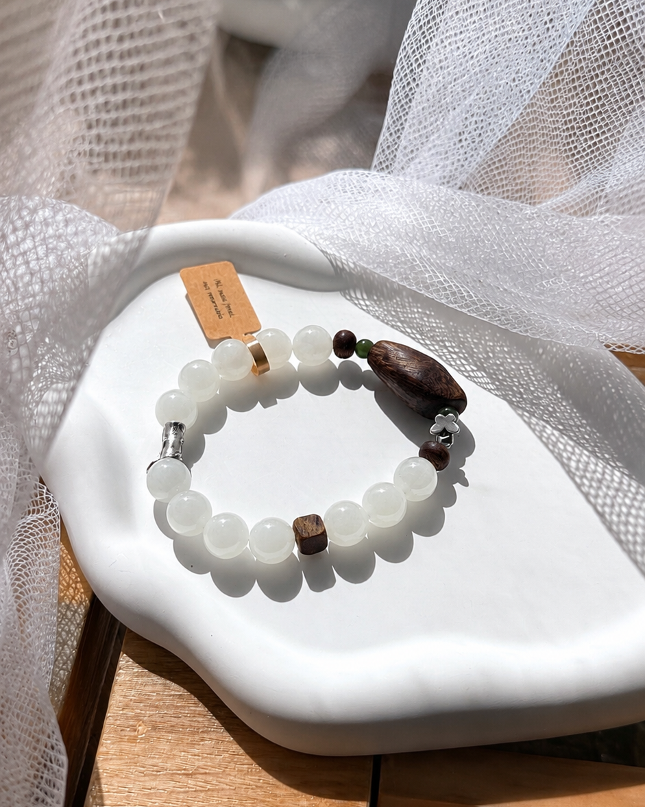 Hetian White Jade & Agarwood Bracelet | Handmade Natural Gemstone Jewelry