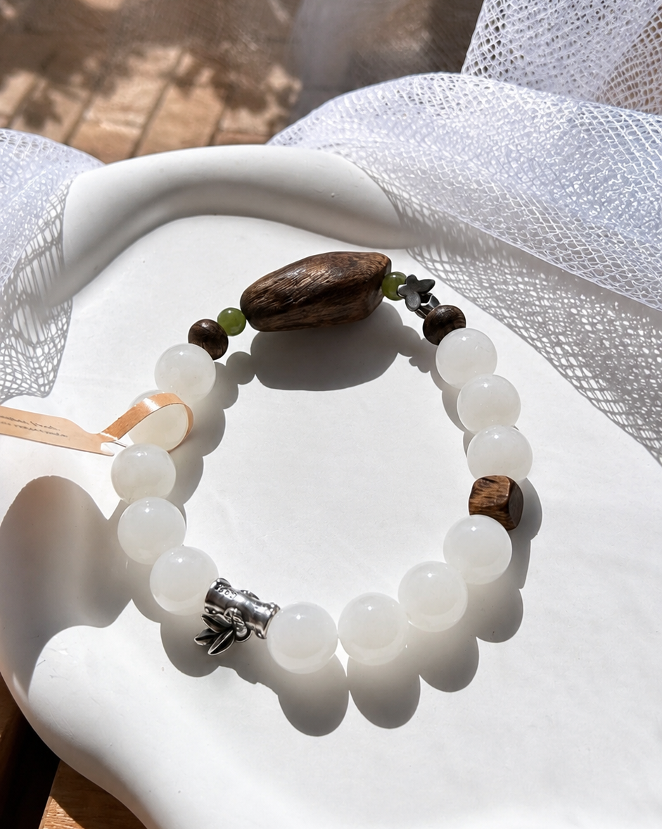 Hetian White Jade & Agarwood Bracelet | Handmade Natural Gemstone Jewelry