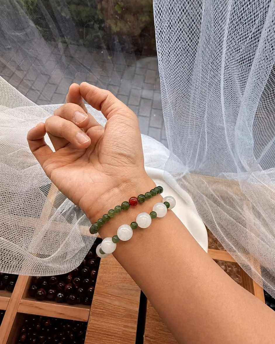 Harmony Duo | White & Green Hetian Jade Double-Wrap Bracelet