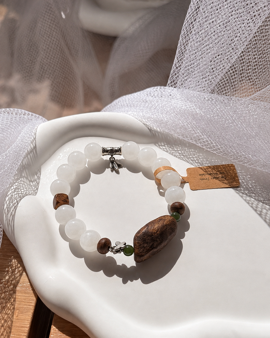 Hetian White Jade & Agarwood Bracelet | Handmade Natural Gemstone Jewelry