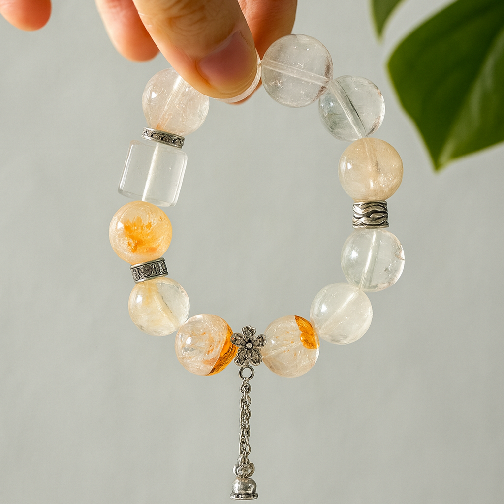Natural Quartz Healing Bracelet | Handmade White Quartz & Flower Crystal Beads with Silver | Unique Gift Jewelry