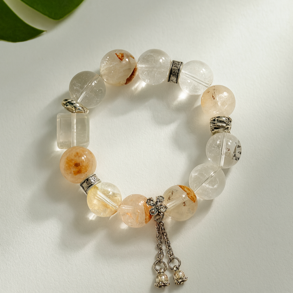 Natural Quartz Healing Bracelet | Handmade White Quartz & Flower Crystal Beads with Silver | Unique Gift Jewelry