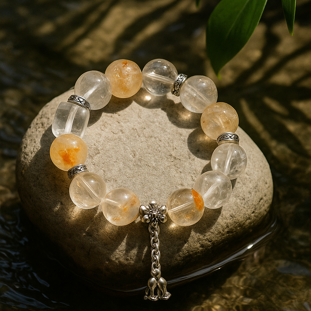 Natural Quartz Healing Bracelet | Handmade White Quartz & Flower Crystal Beads with Silver | Unique Gift Jewelry