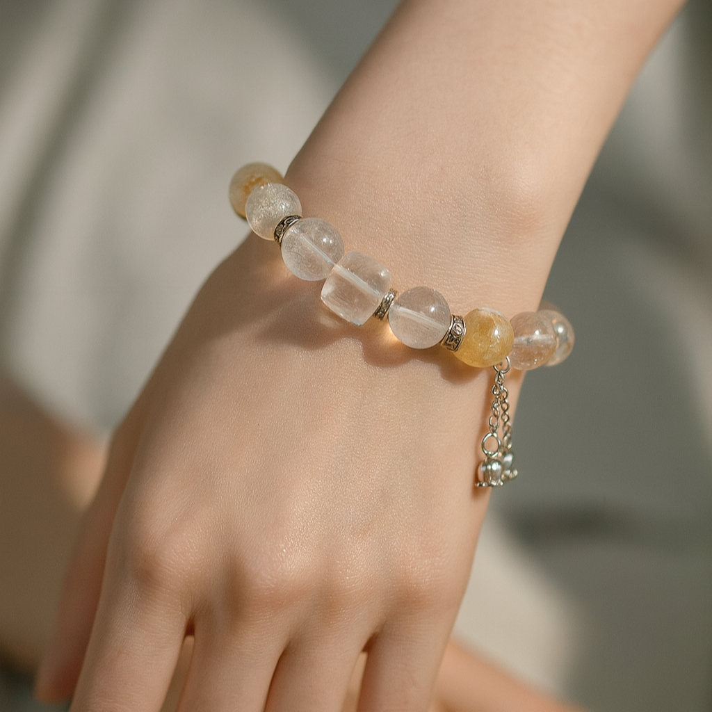 Natural Quartz Healing Bracelet | Handmade White Quartz & Flower Crystal Beads with Silver | Unique Gift Jewelry