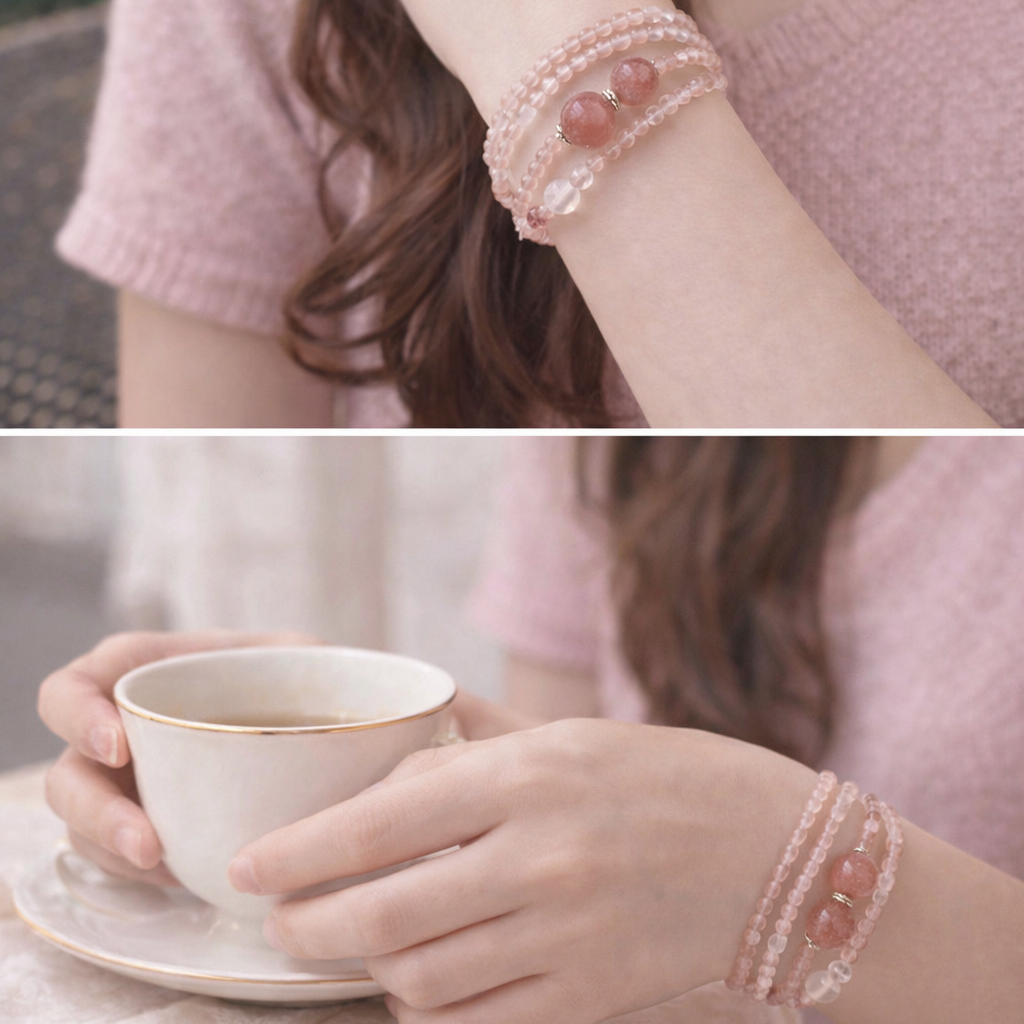 Original Strawberry Quartz Triple-Wrap Bracelet Series — Blush Prelude