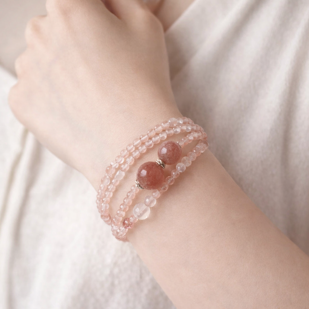Original Strawberry Quartz Triple-Wrap Bracelet Series — Blush Prelude