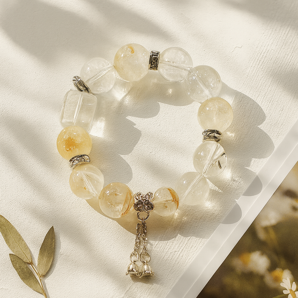Natural Quartz Healing Bracelet | Handmade White Quartz & Flower Crystal Beads with Silver | Unique Gift Jewelry